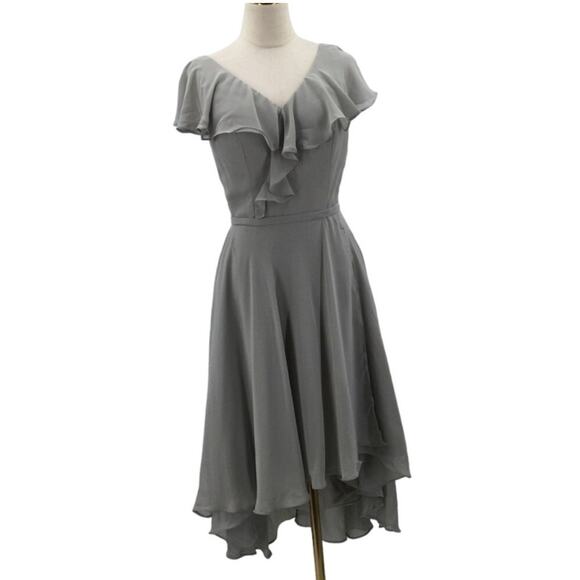 FORMAL SZ 8 M grey ruffle corset lace up hi low vneck faux wrap dress NEW B132 - Picture 2 of 9